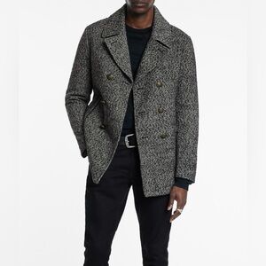 $748 NWT John Varvatos Harden Peacoat 58 Black White Check Wool Men's XL Coat